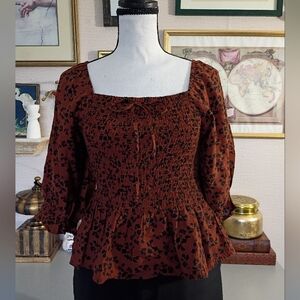 Elegant Brown Floral Smocked Blouse